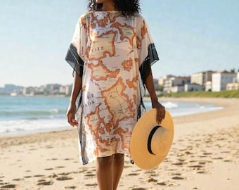 Kaftán con estampado de mapa artístico / Vestido de playa llamativo