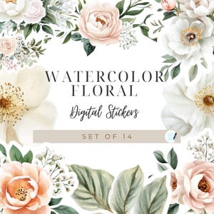 May include: A set of 14 digital watercolor floral stickers. The stickers feature white, pink, and peach roses with green leaves. The text "WATERCOLOR FLORAL Digital Stickers SET OF 14" is displayed on the image.