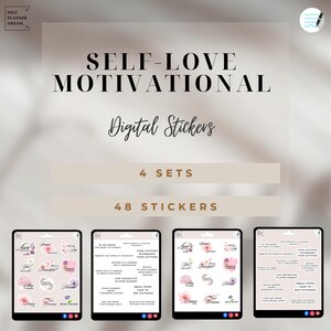 Puede incluir: Cuatro juegos de pegatinas digitales con diseños florales rosas y blancos y citas motivacionales. Las pegatinas incluyen frases como "Quiérete a ti mismo", "Difunde la amabilidad", "Cree", "Sueña en grande", y "Sigue adelante".