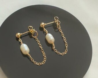 Dainty Stud Chain Earrings, Pearl Chain Stud, Dangle Chain Earrings, Simple Earrings, Minimalist Chain Earring, Gift For Her