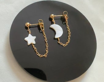 Celestial Chain Earrings: Mother of Shell Star and Moon, Boho Chic