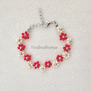 Handmade Beaded Daisy Bracelet: Red & White Floral Boho Bracelet