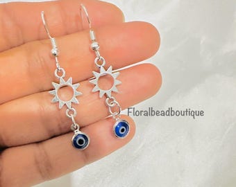 Dainty Sun and Evil Eye Dangle Earrings, 4cm Drop Earrings