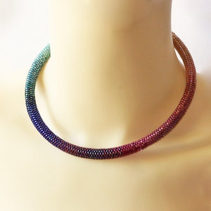 Beadwork Necklace Bead Weaving Rainbow Peyote Choker Spiral with Silver Clasp