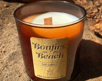 Bonfire on the Beach Soy Candle in reusable Amber Tumbler w Wood Wick - Laser Cut Engraved Eco Friendly wood label Housewarming Gift