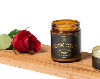 Rose Soy Candle Valentines Day gift for her Fresh Cut Rose City Floral Candle All Natural Scented Candle in Amber Jar with Gold Lid 9oz