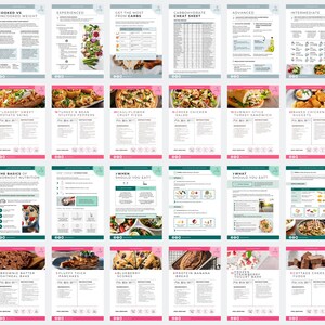 May include: A collection of recipe pages with titles like "Loaded Sweet Potato Skins," "Greek Chicken Salad," and "Protein Banana Bread." The pages feature images of the dishes and ingredient lists. The layout is clean, with a pink and teal color scheme.