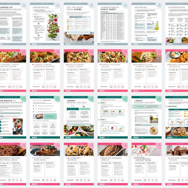 May include: A collection of recipe pages with titles like "Loaded Sweet Potato Skins," "Greek Chicken Salad," and "Protein Banana Bread." The pages feature images of the dishes and ingredient lists. The layout is clean, with a pink and teal color scheme.