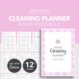 Puede incluir: Un planificador de limpieza rosa y blanco con el texto "CLEANING PLANNER ADHD FRIENDLY". El planificador incluye más de 12 páginas y es editable con Canva. La portada presenta las palabras "ADHD Cleaning PLANNER" y "JANUARY-DECEMBER".