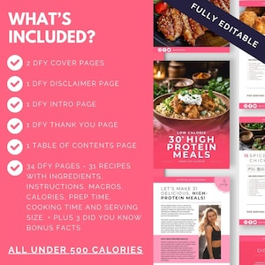 May include: A pink and white digital download product cover for a 30+ high protein meal recipe ebook. The cover features a photo of a bowl of food with chicken and rice, and the text "Low Calorie 30+ High Protein Meals".