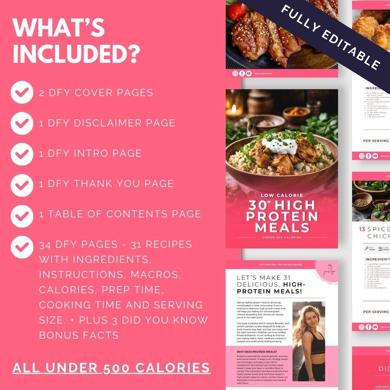 May include: A pink and white digital download product cover for a 30+ high protein meal recipe ebook. The cover features a photo of a bowl of food with chicken and rice, and the text "Low Calorie 30+ High Protein Meals".