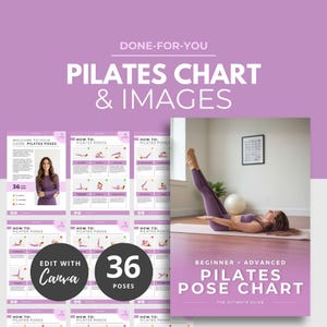 以下が含まれることがあります： 紫と白のデザインのピラティスチャートと画像。チャートには36のポーズが含まれており、「Beginner > Advanced Pilates Pose Chart」と表示されています。画像には「Edit with Canva」というテキストも含まれています。