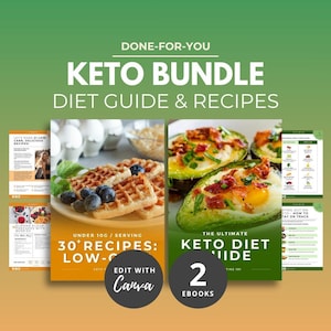 Puede incluir: Gr&aacute;fico de Keto Bundle con el texto "Keto Bundle Diet Guide & Recipes". La imagen presenta gofres con ar&aacute;ndanos, aguacate con huevos y p&aacute;ginas de recetas. El texto incluye "30+ Recetas: Low-Carb" y "Edit with Canva."