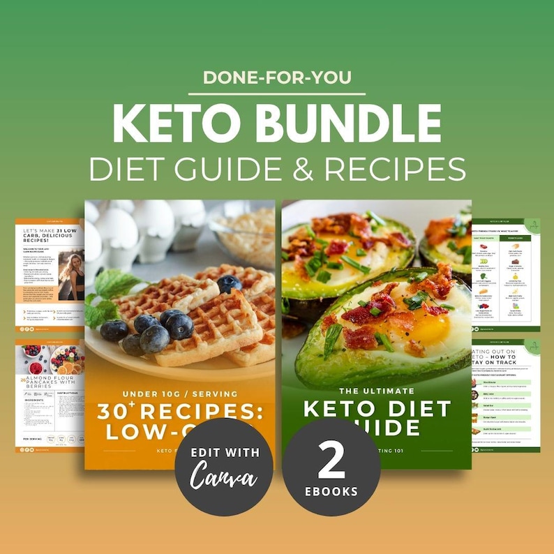 Puede incluir: Gr&aacute;fico de Keto Bundle con el texto "Keto Bundle Diet Guide & Recipes". La imagen presenta gofres con ar&aacute;ndanos, aguacate con huevos y p&aacute;ginas de recetas. El texto incluye "30+ Recetas: Low-Carb" y "Edit with Canva."