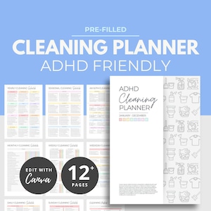 ADHD Cleaning Planner, House Cleaning Checklist, Canva Editable Template, Cleaning Schedule, Cleaning Chart, Laundry Chart, Cleaning List