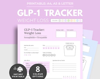 Registro de pérdida de peso GLP1 imprimible, Diario semanal de tirzepatida, Registro de inyecciones de GLP1, Pérdida de peso con medicamentos, Planificador de GLP1, Registro de semaglutida