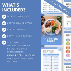 May include: A digital download guide to portion sizes with cheat sheets. The guide includes information on daily requirements, activity-based portions, and hand-sized measures. The cover features a plate of food with a hand measuring the portion size.