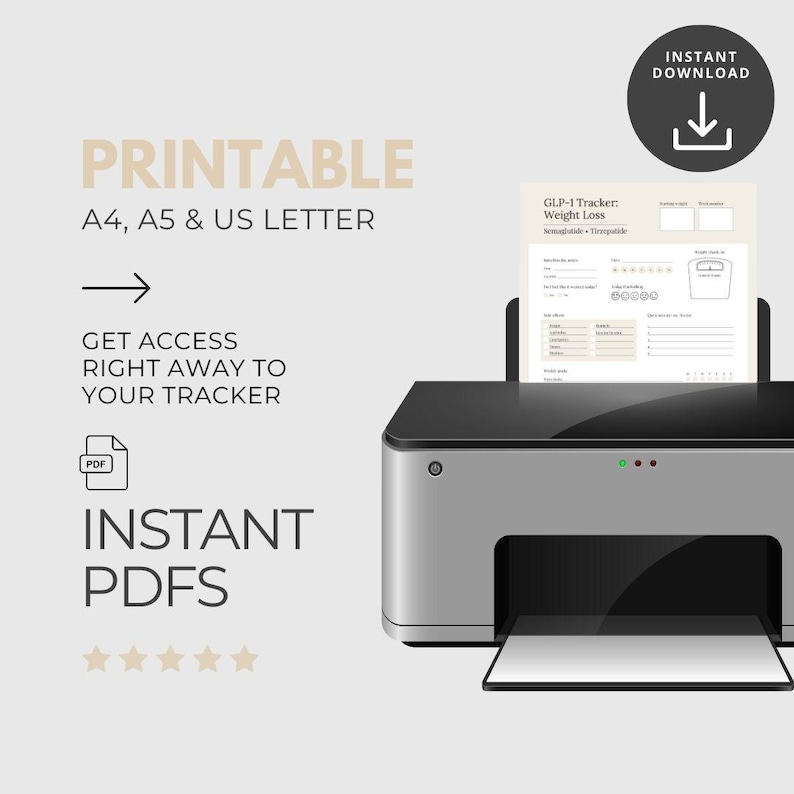 Puede incluir: Una impresora gris con una parte superior negra est&aacute; imprimiendo un rastreador de p&eacute;rdida de peso. La imagen incluye las palabras "PRINTABLE", "INSTANT DOWNLOAD" e "INSTANT PDFS". El rastreador est&aacute; dise&ntilde;ado para tama&ntilde;os A4, A5 y US Letter.