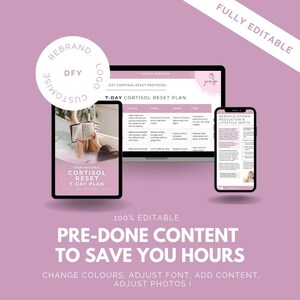 May include: A digital marketing template on a pink background, featuring a laptop, tablet, and smartphone displaying a 7-day cortisol reset plan. The text includes "Pre-Done Content To Save You Hours" and "Fully Editable."