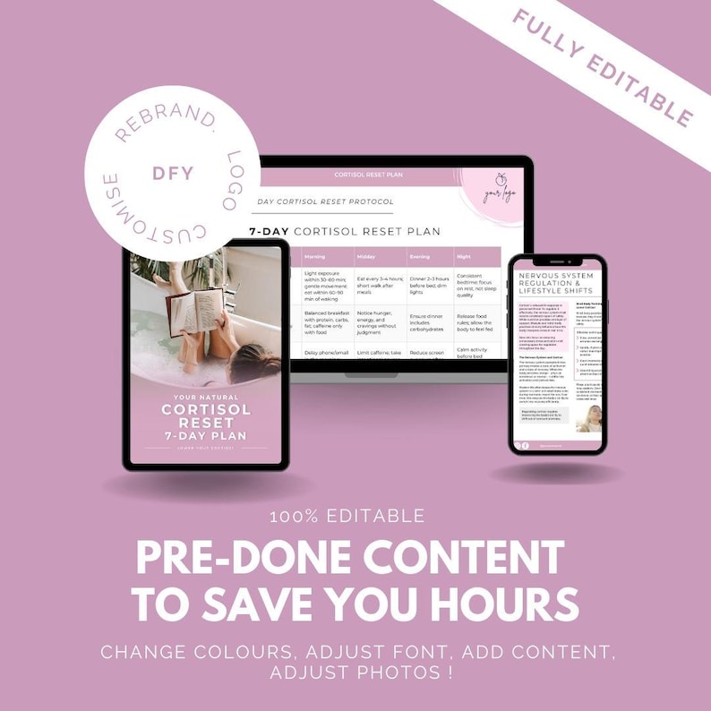May include: A digital marketing template on a pink background, featuring a laptop, tablet, and smartphone displaying a 7-day cortisol reset plan. The text includes "Pre-Done Content To Save You Hours" and "Fully Editable."