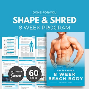 Può includere: Una copertina di prodotto digitale con un uomo muscoloso in pantaloncini da bagno blu, con il testo "Shape & Shred 8 Week Beach Body Get Holiday Ready". La copertina include anche un collage di 60 pagine di piani di allenamento e consigli.