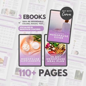 May include: An image showcasing three ebooks focused on menopause. The covers display the titles "Your Ultimate Menopause Guide", "Your Guide to Menopause Supplements", and "28 Day Menopause Meal Plan". The image also highlights that the ebooks are rebrandable and contain over 110 pages.