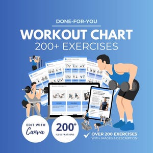 Male Workout Chart, male exercise illustrations, dumbbell workout, exercise instructions, canva template, workout plan template, DFY