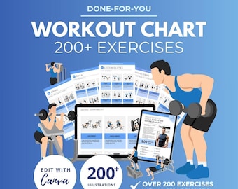 Male Workout Chart, male exercise illustrations, dumbbell workout, exercise instructions, canva template, workout plan template, DFY