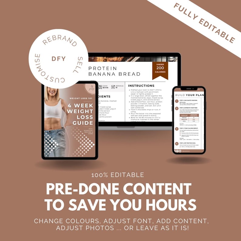 May include: A digital marketing graphic with a laptop, tablet, and smartphone displaying content related to weight loss and healthy eating. The text includes "Protein Banana Bread" and "4 Week Weight Loss Guide". The graphic promotes pre-made content.