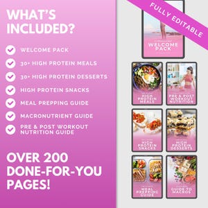 May include: A pink and white graphic with the text "WHAT'S INCLUDED?" and a list of items such as "Welcome Pack" and "High Protein Meals." The image also includes the text "OVER 200 DONE-FOR-YOU PAGES!" and "FULLY EDITABLE."