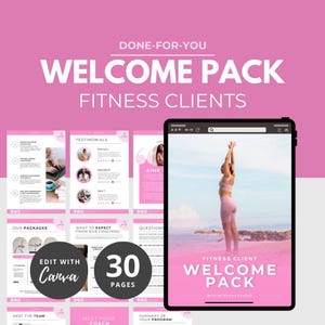May include: A pink and white digital welcome pack for fitness clients with 30 pages. The cover features a woman in a pink sports bra and shorts doing a yoga pose on a beach. The text on the cover reads "Fitness Client Welcome Pack".