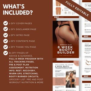 May include: A digital product for an 8-week booty builder workout plan. The cover image features a woman in black workout clothes with a toned physique. The text on the cover reads "Welcome to Your 8 Week Booty Transformation". The product includes 81 pages of advice and guidance, a full 8-week program with all tracking pages, pre and post plan assessment, nutrition info, rest, recovery, warm-ups, stretching, booty burner circuits, grocery list, pre and post workout nutrition and more.