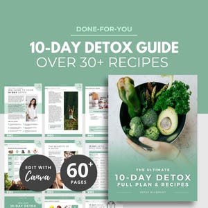 Peut inclure: Un guide numérique de désintoxication de 10 jours avec plus de 30 recettes. La couverture présente un bol de légumes frais et le texte "The Ultimate 10-Day Detox Full Plan & Recipes". Le guide comprend plus de 60 pages et est modifiable avec Canva.