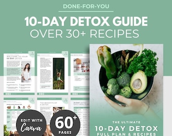 10-Day Detox Guide, nutrition ebook templates, health coach template, healthy recipe book, detox lead magnet, canva eBook template, DFY PLR