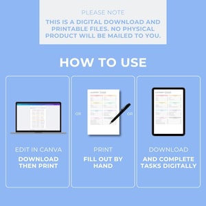 May include: A digital download graphic with instructions on how to use the product. The text reads "PLEASE NOTE: THIS IS A DIGITAL DOWNLOAD AND PRINTABLE FILES. NO PHYSICAL PRODUCT WILL BE MAILED TO YOU." Instructions include editing in Canva, printing, or downloading.
