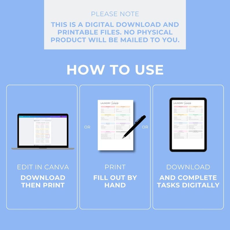 May include: A digital download graphic with instructions on how to use the product. The text reads "PLEASE NOTE: THIS IS A DIGITAL DOWNLOAD AND PRINTABLE FILES. NO PHYSICAL PRODUCT WILL BE MAILED TO YOU." Instructions include editing in Canva, printing, or downloading.