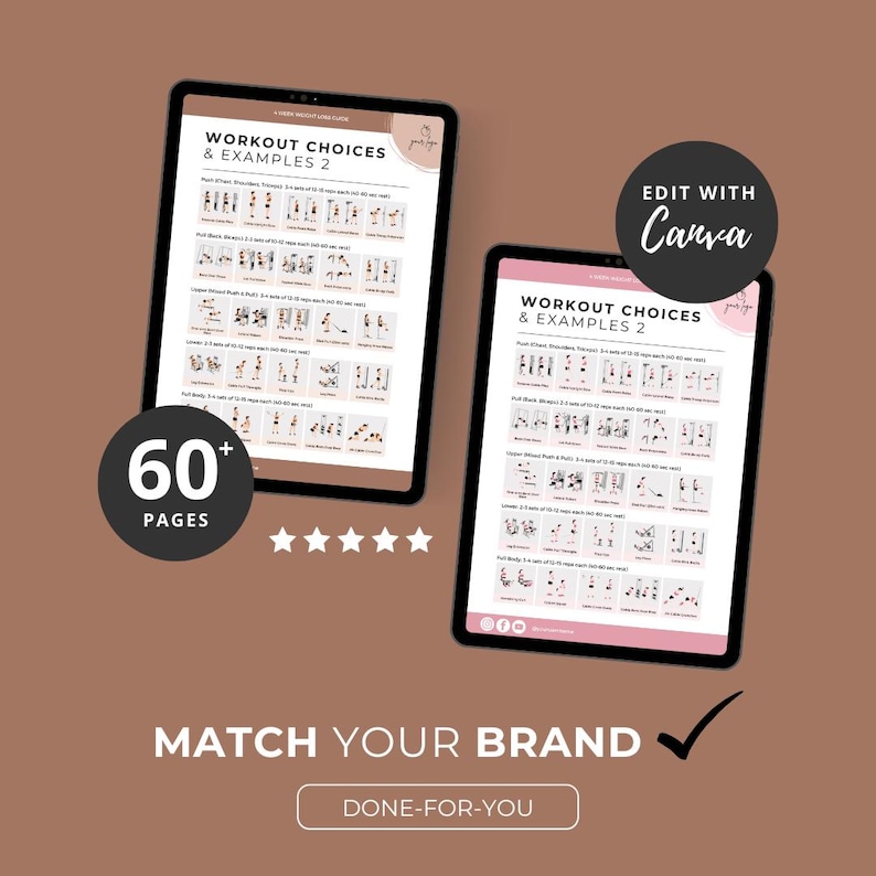May include: Two black tablets display workout examples. The text "WORKOUT CHOICES & EXAMPLES 2" is visible. A circular graphic reads "60+ PAGES". The phrase "MATCH YOUR BRAND" is below, with "DONE-FOR-YOU" underneath.