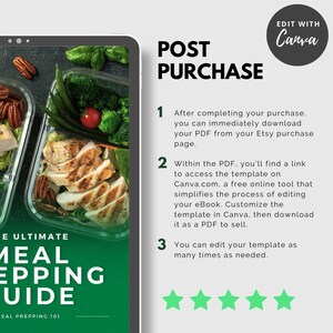 May include: A green and white digital download guide for meal prepping. The guide includes instructions on how to edit a template in Canva. The text "The Ultimate Meal Prepping Guide" is displayed on the cover.