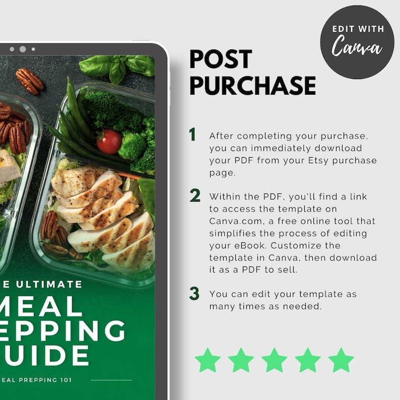 May include: A green and white digital download guide for meal prepping. The guide includes instructions on how to edit a template in Canva. The text "The Ultimate Meal Prepping Guide" is displayed on the cover.