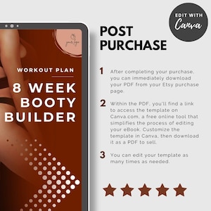 May include: A digital product listing for an 8-week booty builder workout plan. The listing includes a digital download of a PDF file that can be edited in Canva. The listing also includes a 5-star rating.
