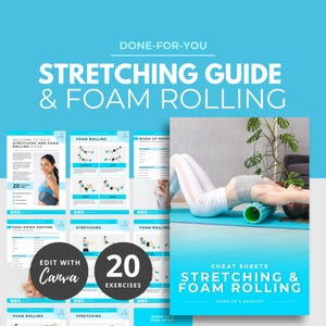 Pode incluir: Um guia azul e branco intitulado "Guia de Alongamento e Rolo de Espuma" com o texto "Done-For-You". O guia inclui imagens de exercícios e uma pessoa usando um rolo de espuma. Contém 20 exercícios.