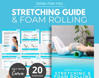 以下が含まれることがあります： 「ストレッチガイド＆フォームローリング」と書かれた青と白のガイド。 「Done-For-You」の文字。 ガイドにはエクササイズの画像とフォームローラーを使用している人が含まれています。 20のエクササイズが含まれています。