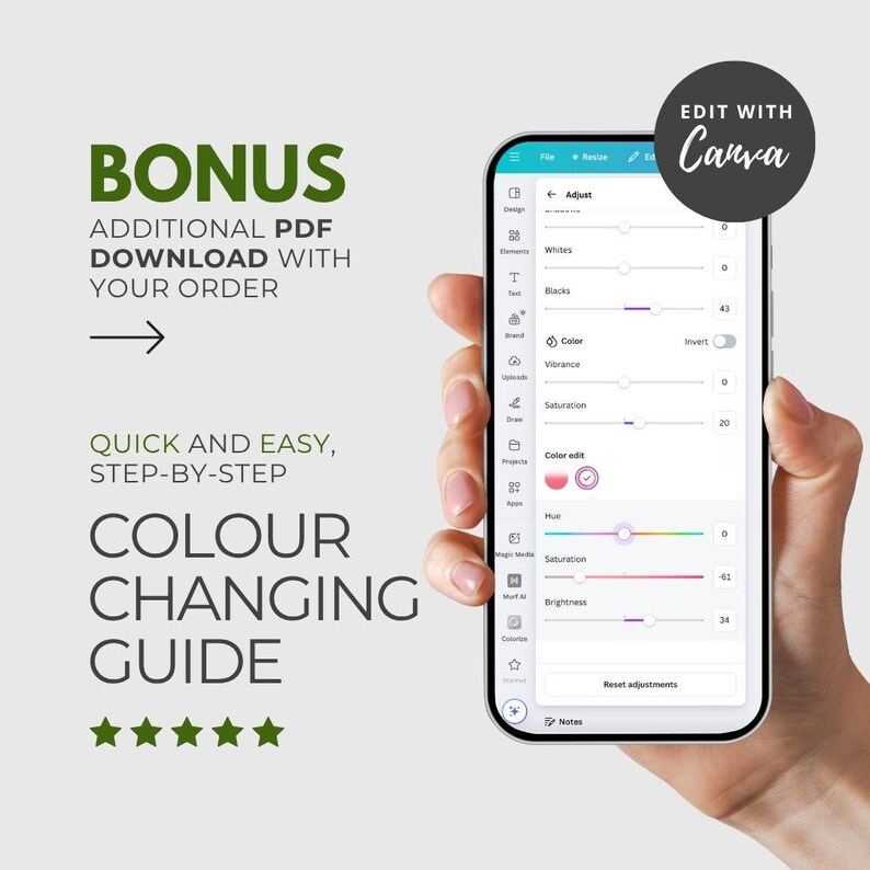 Puede incluir: Un tel&eacute;fono inteligente que muestra una interfaz de edici&oacute;n de color, sostenido por una mano. La pantalla muestra controles deslizantes de ajuste para el color, la saturaci&oacute;n y el brillo. El texto a la izquierda dice "BONUS", "GU&Iacute;A DE CAMBIO DE COLOR" y "EDIT WITH Canva."