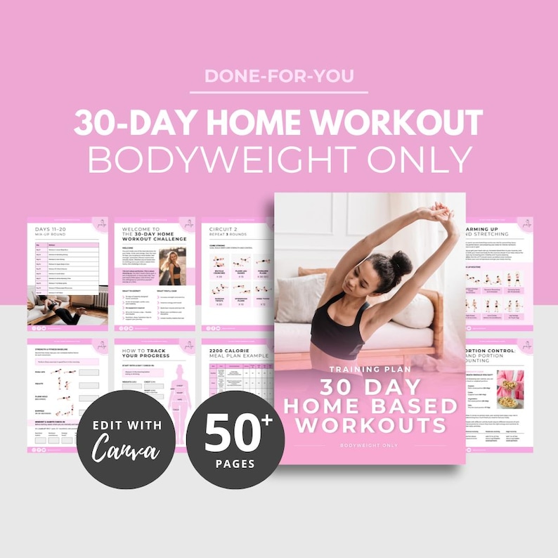 Programa de entrenamiento en casa de 30 días, productos digitales PLR, plantilla de libro electrónico de Canva, listo para usar, plantilla de entrenamiento, plan de entrenamiento, entrenamiento en casa DFY imagen 9