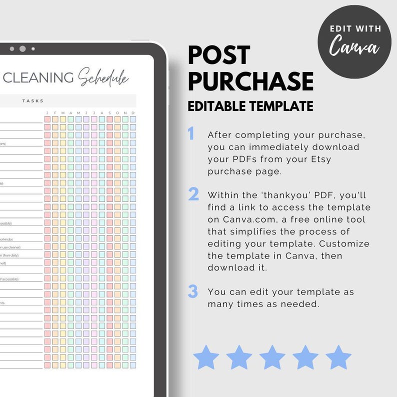 May include: A digital cleaning schedule template displayed on a tablet. The template features a grid with colorful squares for tracking tasks. Text on the screen reads "CLEANING Schedule" and "TASKS". The image also includes instructions for using the template.