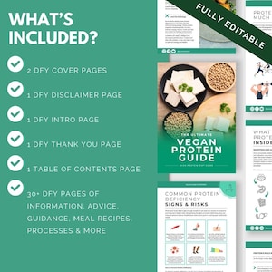 May include: A green and white digital download guide for a vegan protein diet. The guide includes information on common protein deficiency signs and risks, as well as recipes and meal plans. The text on the cover reads "The Ultimate Vegan Protein Guide".