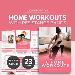 6 home workouts training plan, health and fitness coaches resource, ebook template, workout template, DFY, resistance bands, canva fitness