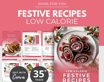 Low Calorie Festive Recipes, healthy christmas recipes, recipe book, health coach content, wellness ebook, canva eBook template DFY PLR