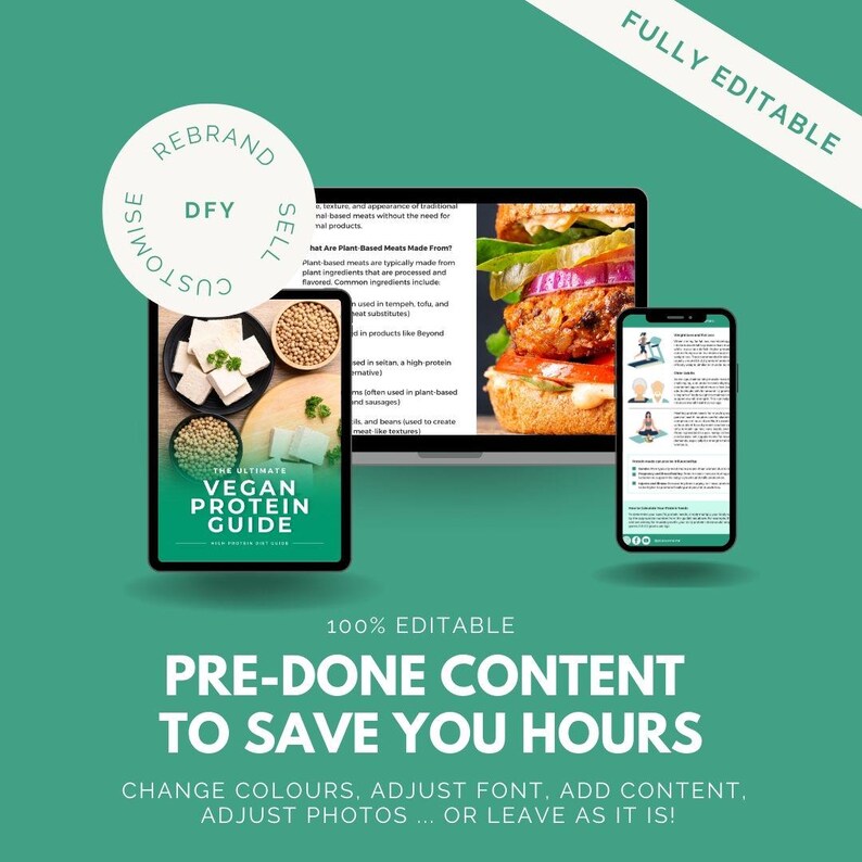 May include: A green and white digital marketing template with the text "REBRAND DFY CUSTOMISE SELL" in a circle. The template includes a digital mockup of a laptop, a phone, and a tablet. The laptop screen shows a vegan burger and the text "Hot Are Plant Based Meats Made From?" The tablet screen shows the text "The Ultimate Vegan Protein Guide". The phone screen shows a person exercising. The template also includes the text "FULLY EDITABLE", "100% EDITABLE", "PRE-DONE CONTENT TO SAVE YOU HOURS", "CHANGE COLOURS, ADJUST FONT, ADD CONTENT, ADJUST PHOTOS... OR LEAVE AS IT IS!"