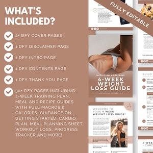 May include: A digital weight loss guide with a brown and white design. The guide includes a 4-week training plan, meal and recipe guides, and a progress tracker. The text "What's Included?" is at the top.